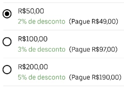 Tabela de descontos progressivos da Uber - R$ 50 oferece 2%, R$ 100 oferece 3% e R$ 200 oferce 5%