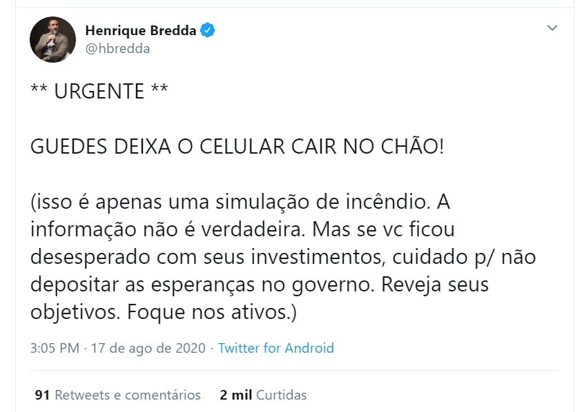 Tuíte lúdico de Henrique Bredda