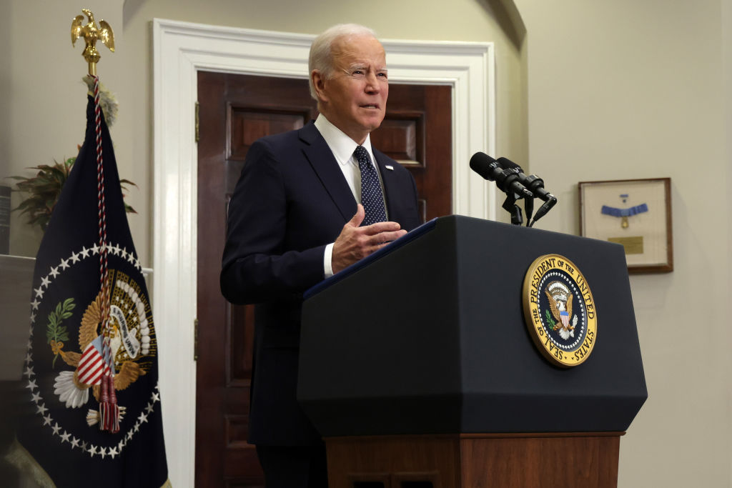 WASHINGTON, DC - FEBRUARY 18: U.S. President Joe Biden speaks to update the situation of the Ukraine-Russia border crisis during an event in the Roosevelt Room of the White House on February 18, 2022 in Washington, DC. President Joe Biden gave an update after he held a phone call with Transatlantic leaders to continue diplomatic and deterrence efforts to deescalate the crisis that has been caused by a heavy deployment of Russian troops along the border between the two counties. (Photo by Alex Wong/Getty Images)