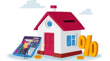 Ilustração de conceito de compra de casa - personagem feminina minúscula com calculadora enorme e símbolo percentual em casa com moedas de ouro