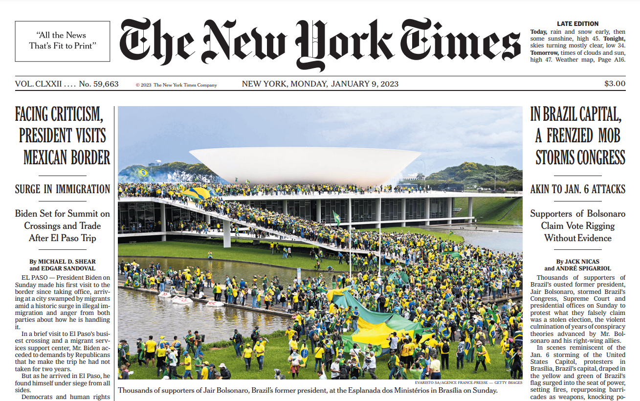 O jornal americano The New York Times destaca em sua capa da edição desta segunda-feira (9) a invasão e a destruição causadas por bolsonaristas radicais em Brasília (Imagem: Reprodução)