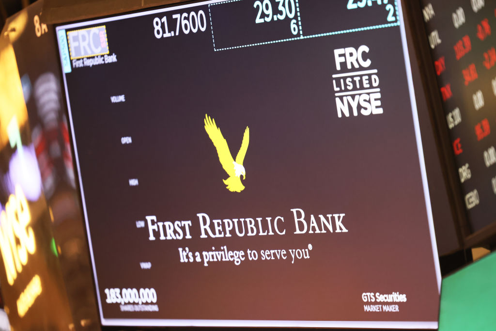 NEW YORK, NEW YORK - MARCH 13: The First Republic Bank logo is displayed on a screen as traders work on the floor of the New York Stock Exchange during morning trading on March 13, 2023 in New York City. Stocks continued their downward trend following the financial news of the failure of Silicon Valley Bank, the biggest U.S. bank failure since the financial crisis in 2008, and the government stepping in to support the banking system after the collapse sparked fears of a ripple effect.  (Photo by Michael M. Santiago/Getty Images)