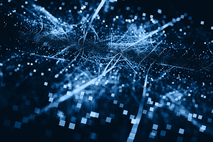 Padrão abstrato de conexão de pixels em explosão, comunicação de rede de energia 5G, computador de cidade inteligente, fundo de tecnologia da internet com feixes de luz neon azul, efeito de zoom e textura fractal de arte futurista. Modelo para apresentação, flyer, cartão, pôster, folheto e banner.