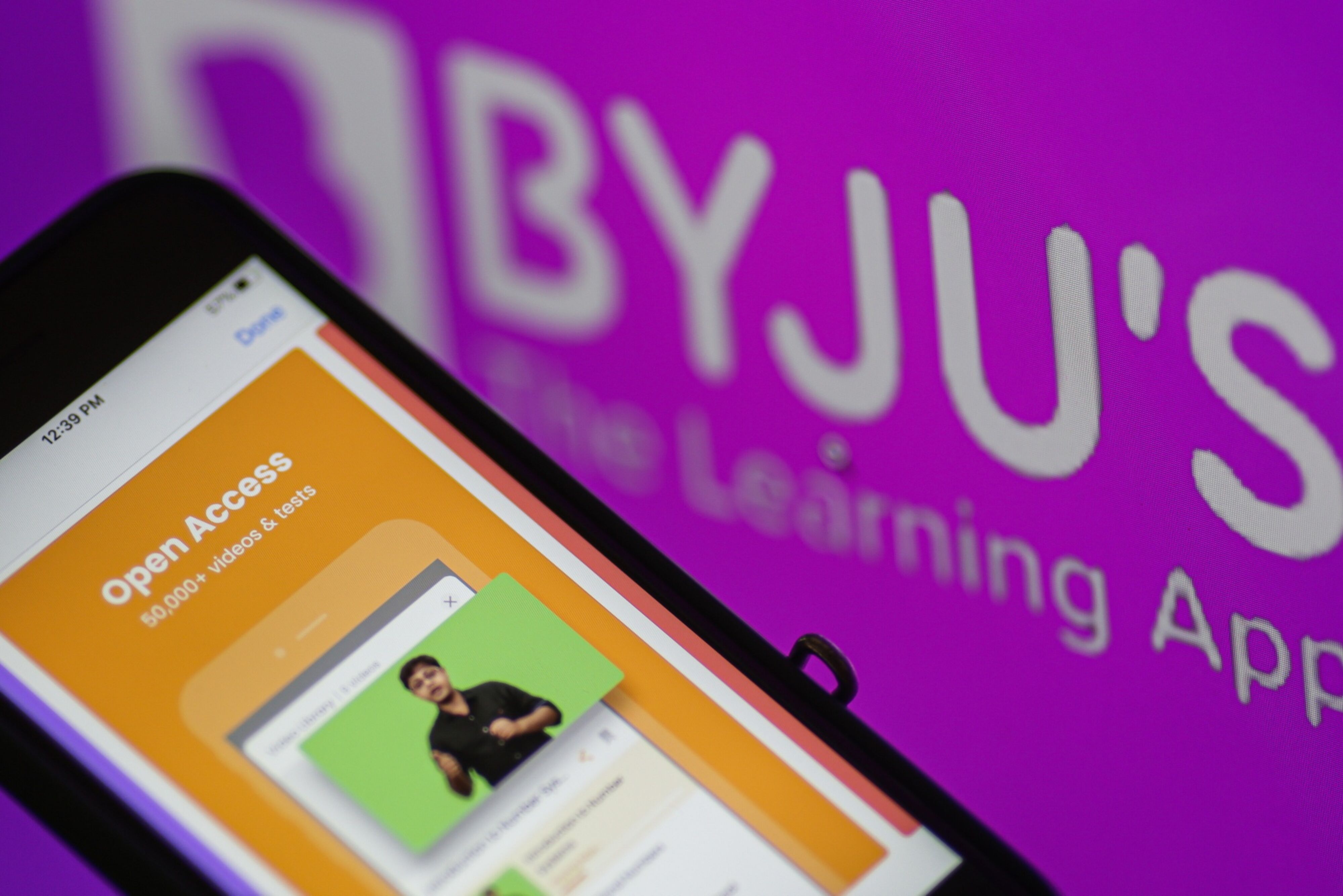 The BYJU'S learning application, developed by Think and Learn Pvt., on Apple Inc.'s App Store arranged on a smartphone in Mumbai, India on Wednesday, June 7, 2023. One of India's hottest tech companies, Byjus, asked a New York court to intervene in its dispute with lenders owed more than $1 billion, claiming a group of distressed-debt investors manufactured a fake debt crisis to extort money from the education-technology firm. Photographer: Dhiraj Singh/Bloomberg