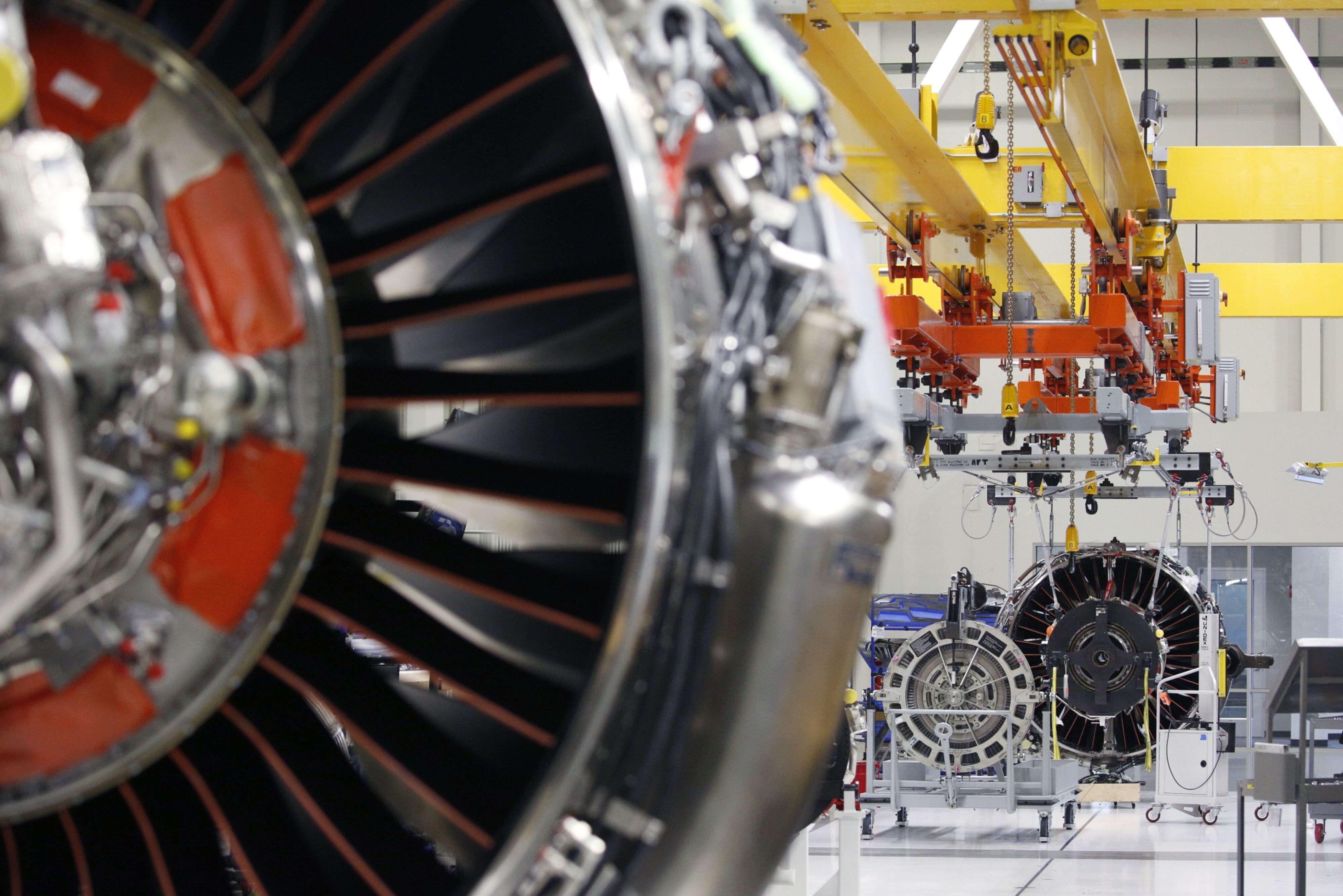 LEAP jet engines are seen on the factory floor of the General Electric Co. (GE) Aviation assembly plant in Lafayette, Indiana, U.S., on Friday, July 19, 2019. General Electric is scheduled to release earnings figures on July 31.