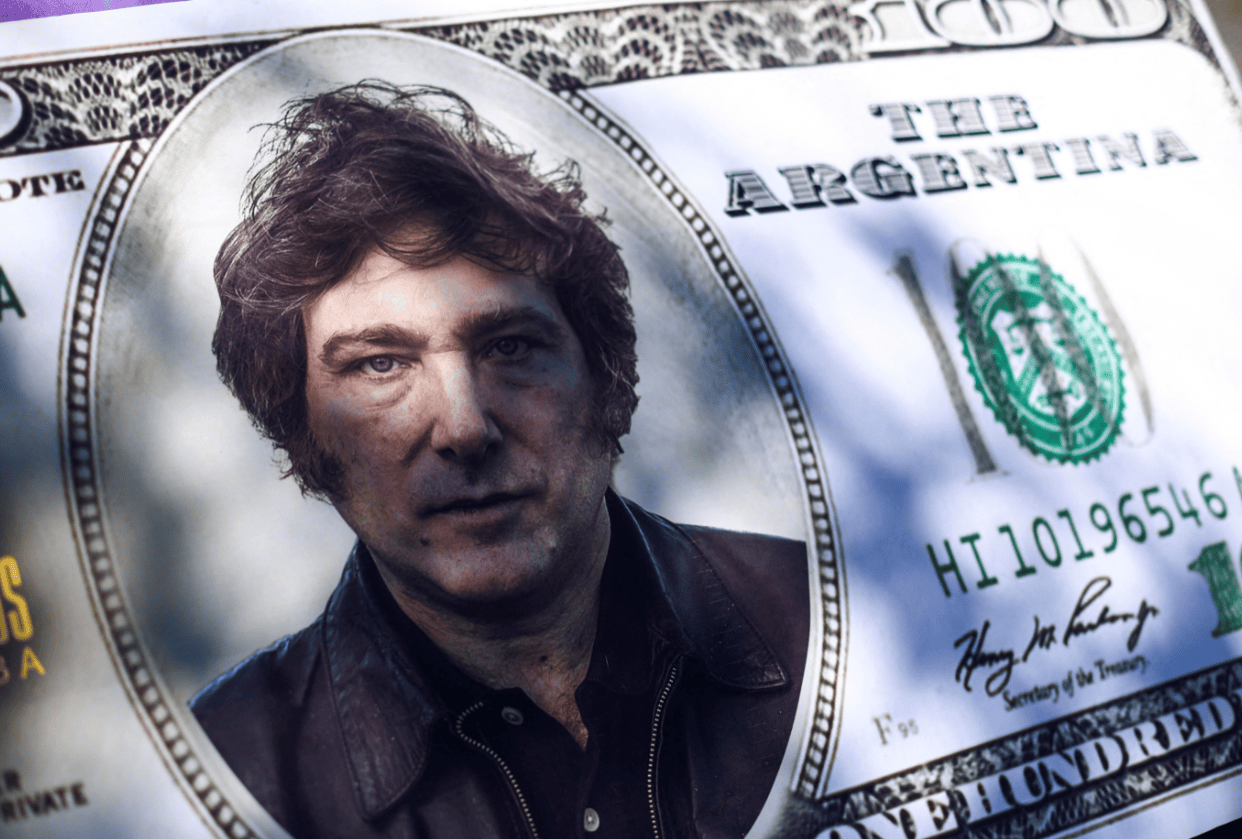 Imagem de nota de 100 dólares com foto do presidente da Argentina, Javier Milei  - 16/11/2023 (Foto: REUTERS: Matias Baglietto)

