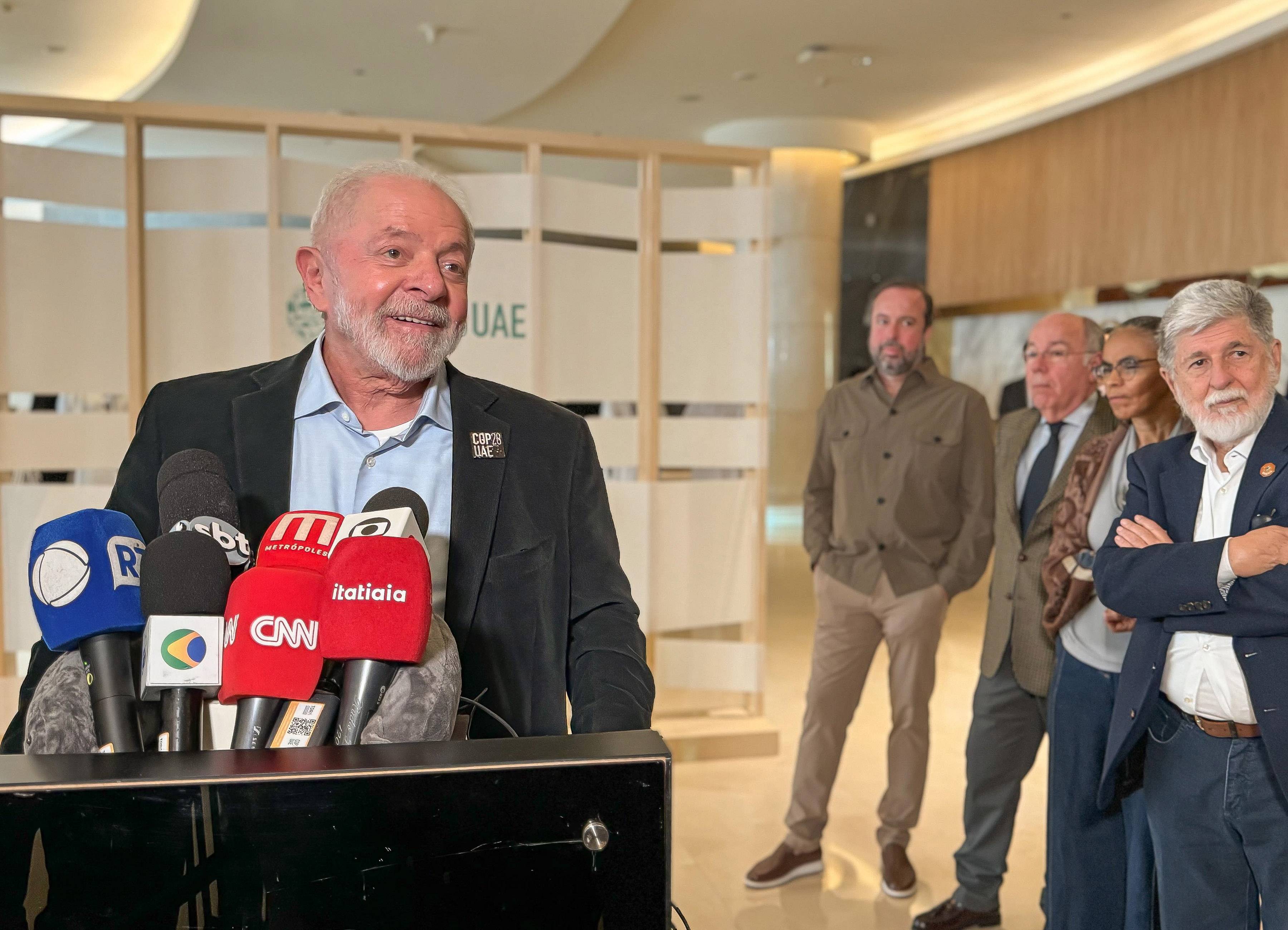 Presidente Luiz Inácio Lula da Silva em entrevista coletiva durante a COP28 em Dubai, nos Emirados Árabes Unidos (Foto: Ricardo Stuckert)