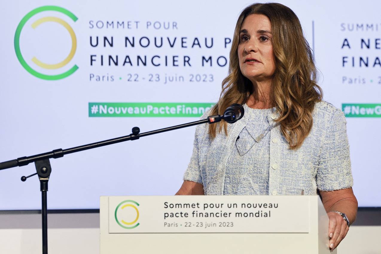 Melinda French Gates durante discurso na França (Ludovic Marin/Pool via REUTERS/Arquivo)