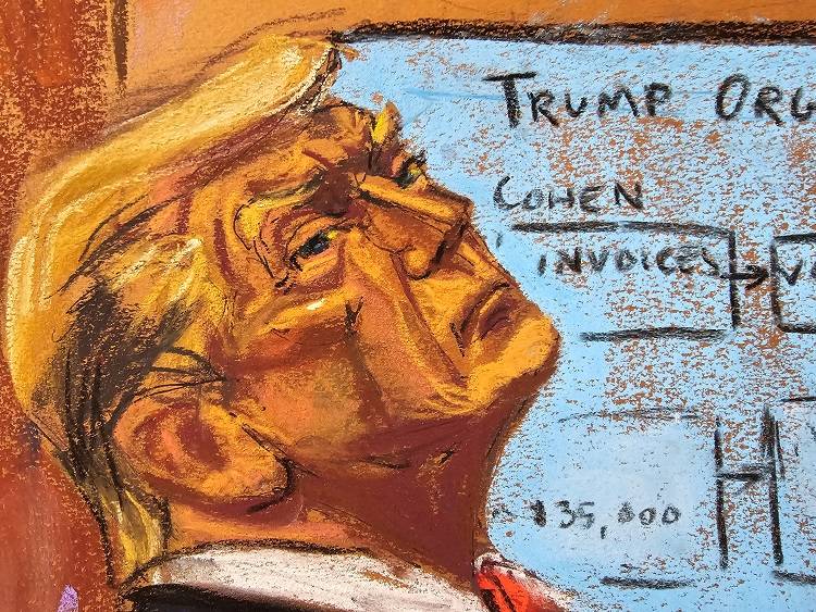 O ex-presidente dos EUA, Donald Trump, ouve o advogado de defesa Todd Blanche apresentar os argumentos finais durante o julgamento criminal, em desenho feito no tribunal (REUTERS/Jane Rosenberg)