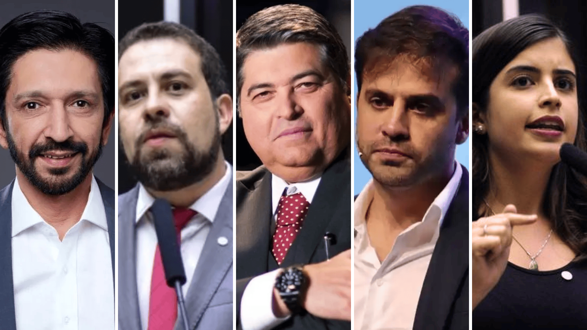 Os 5 candidatos mais bem posicionados nas pesquisas de intenções de voto para a prefeitura de São Paulo. Da esquerda para a direita: Ricardo Nunes (MDB), Guilherme Boulos (PSOL), José Luiz Datena (PSDB), Pablo Marçal (PRTB) e Tabata Amaral (PSB)