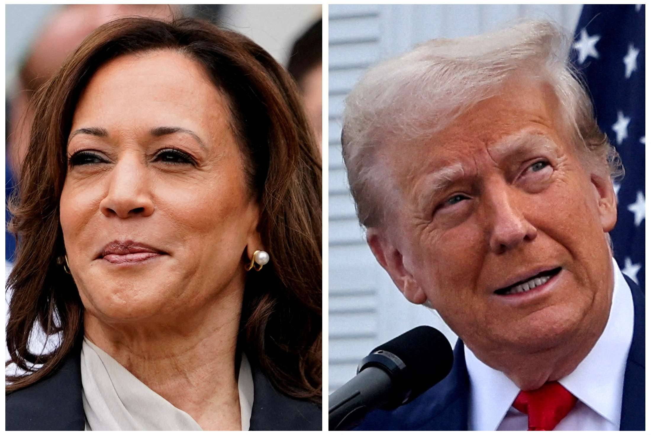 A vice-presidente Kamala Harris e o ex-presidente Donald Trump - 22/07/2024 e 15/08/2024 (Fotos: Nathan Howard e Jeenah Moon/Reuters)