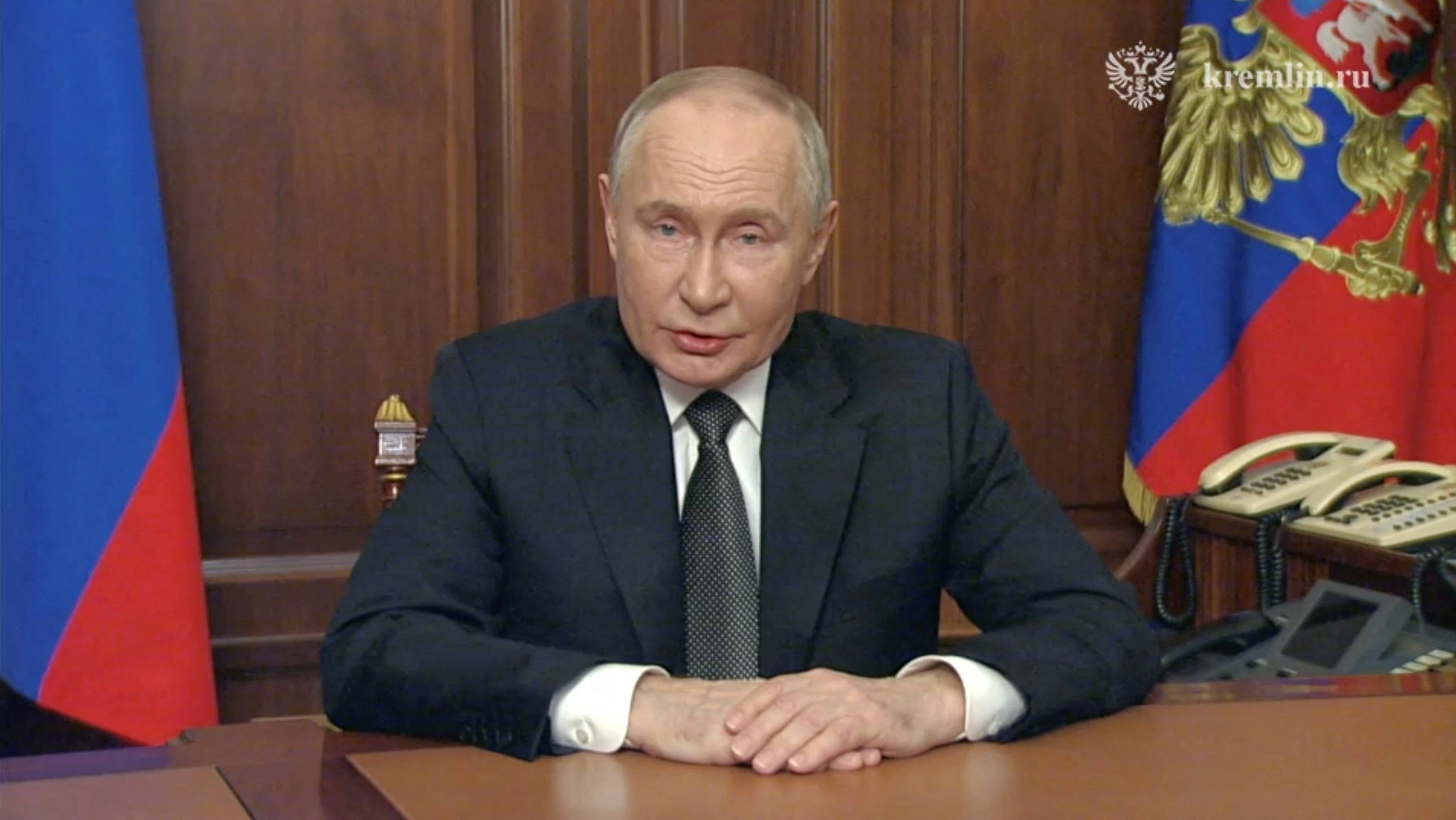 O presidente russo Vladimir Putin faz um discurso televisionado em Moscou, Rússia, em 21 de novembro de 2024, nesta imagem ainda retirada de um vídeo. Kremlin.ru/Divulgação via REUTERS