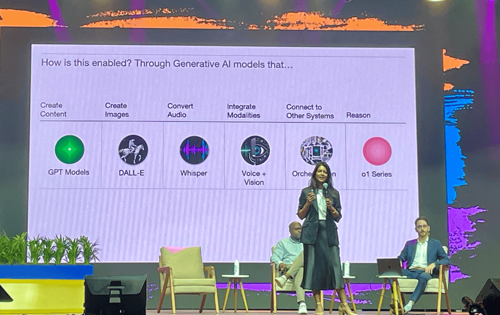À frente: Anita Bandoji, executiva de contas da OpenAI; atrás: Bryant McCombs, especialista de Costumer Success, e Daniel Halper, engenheiro de soluções da Open AI