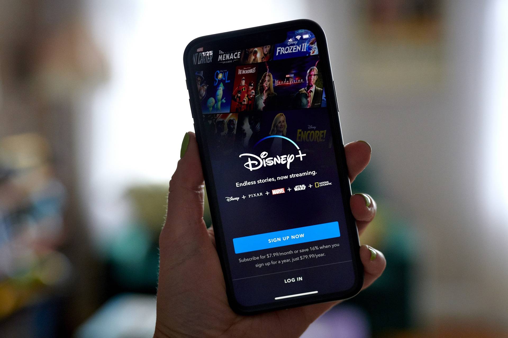 The Disney+ website on a smartphone in the Brooklyn borough of New York, US, on Monday, July 18, 2022. Walt Disney Co.'s ESPN will raise the price of its streaming service by 43% next month, betting that it can help cover the escalating cost of sports rights without losing subscribers who are grappling with soaring inflation. Photographer: Gabby Jones/Bloomberg