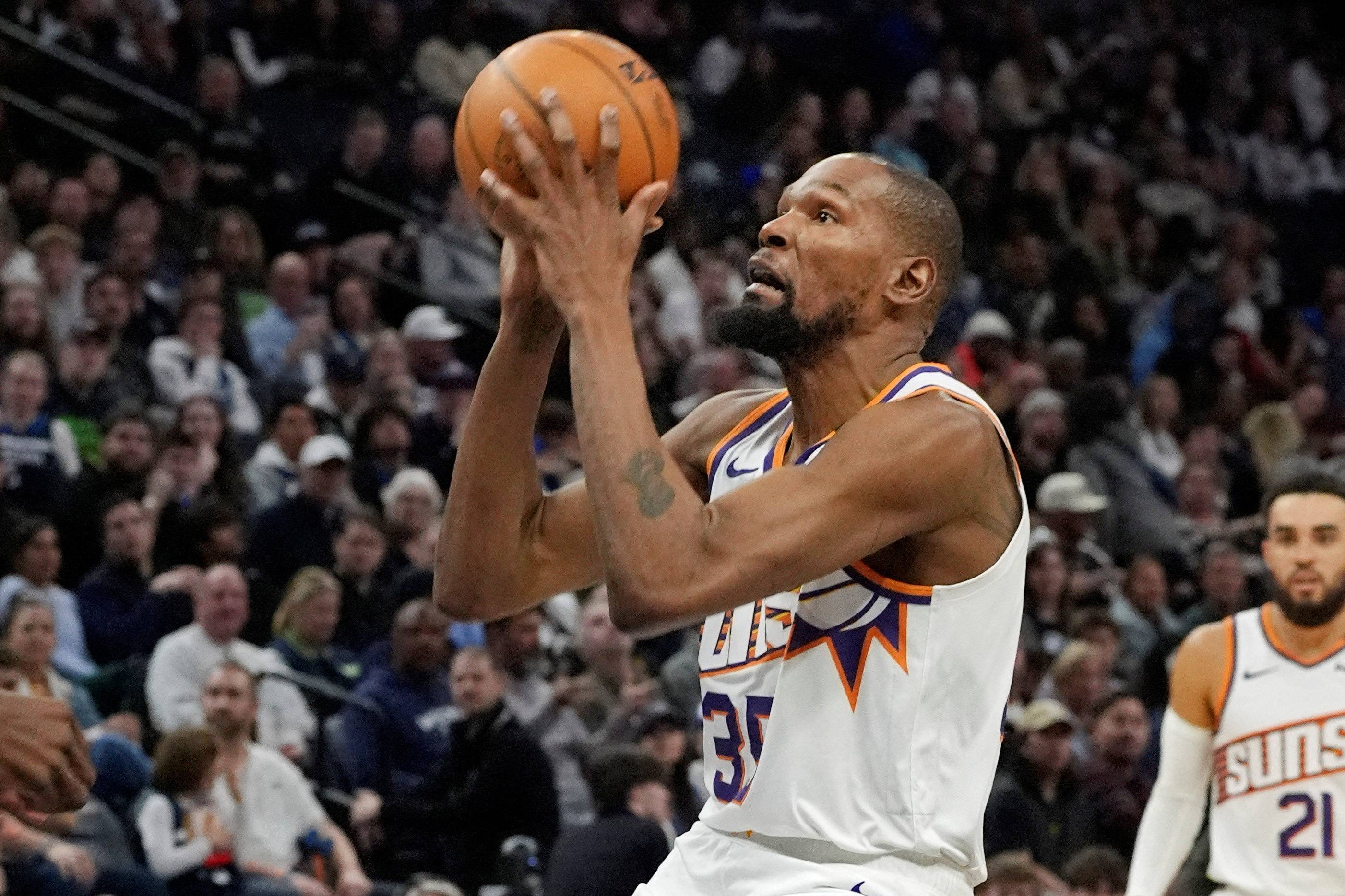 Kevin Durant em jogo contra o Minesota Timberwolves, em março de 2025 (Foto: Bruce Kluckhohn-Imagn Images/Reuters)