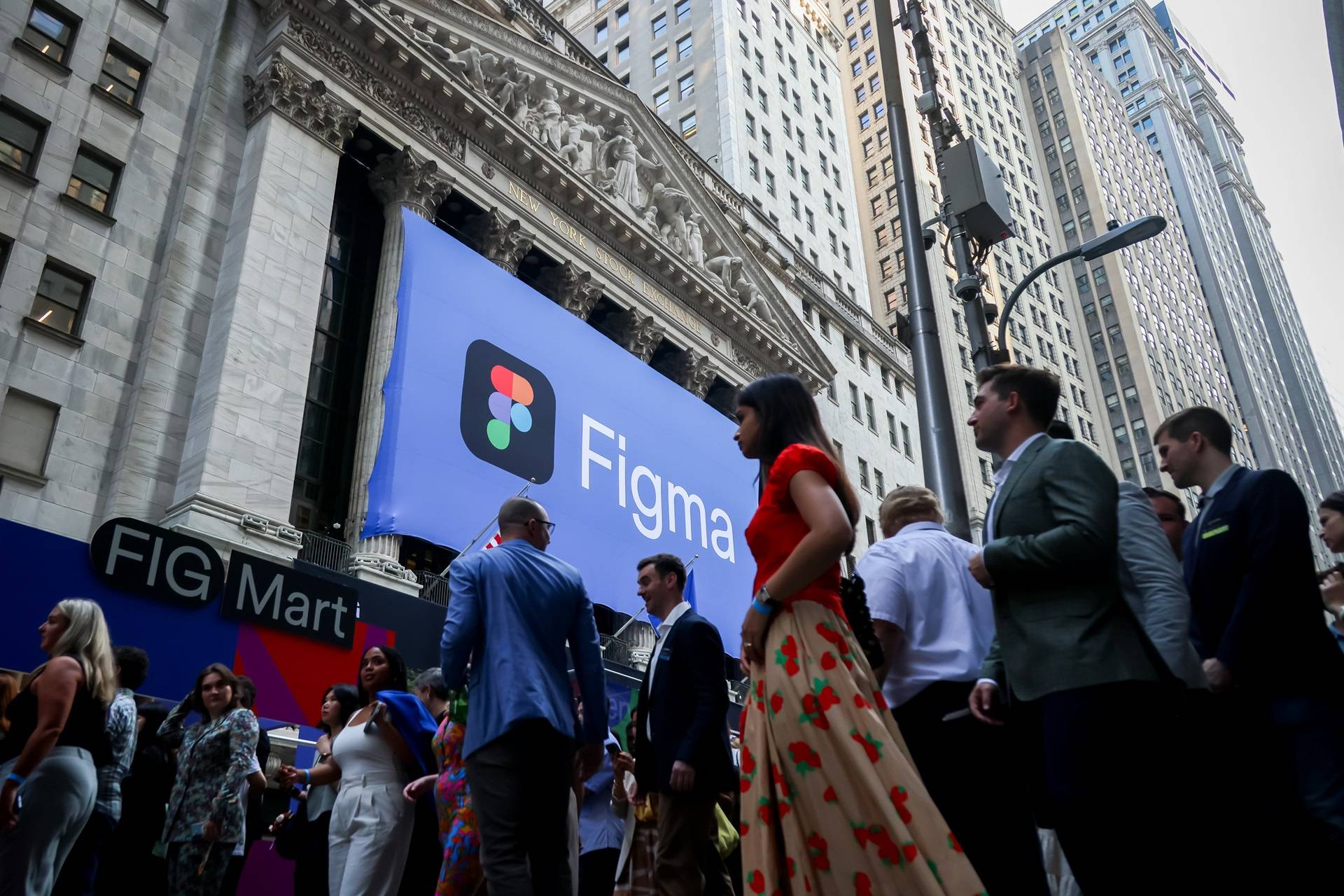 Figma Inc. signage during the company's initial public offering (IPO) at the New York Stock Exchange (NYSE) in New York, US, on Thursday, July 31, 2025. Figma Inc. is expected to price its US initial public offering at $33 per share, according to people familiar with the matter, above the design and collaboration software company's increased price range.