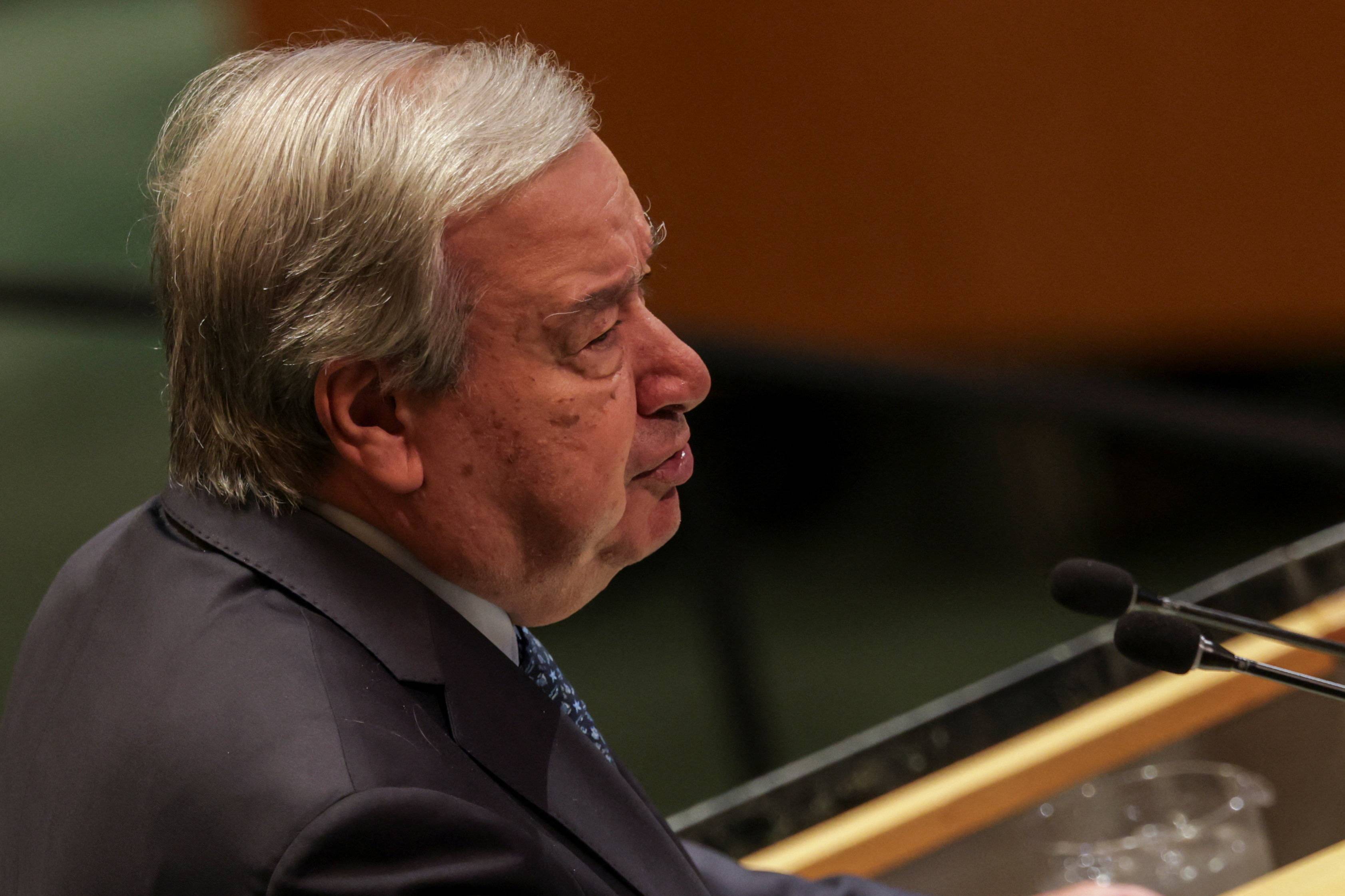 U.N. Secretary General Antonio Guterres speaks during a High-level International Conference for the Peaceful Settlement of the Question of Palestine and the Implementation of the Two-State Solution at U.N. headquarters in New York City, U.S., July 28, 2025. REUTERS/Jeenah Moon