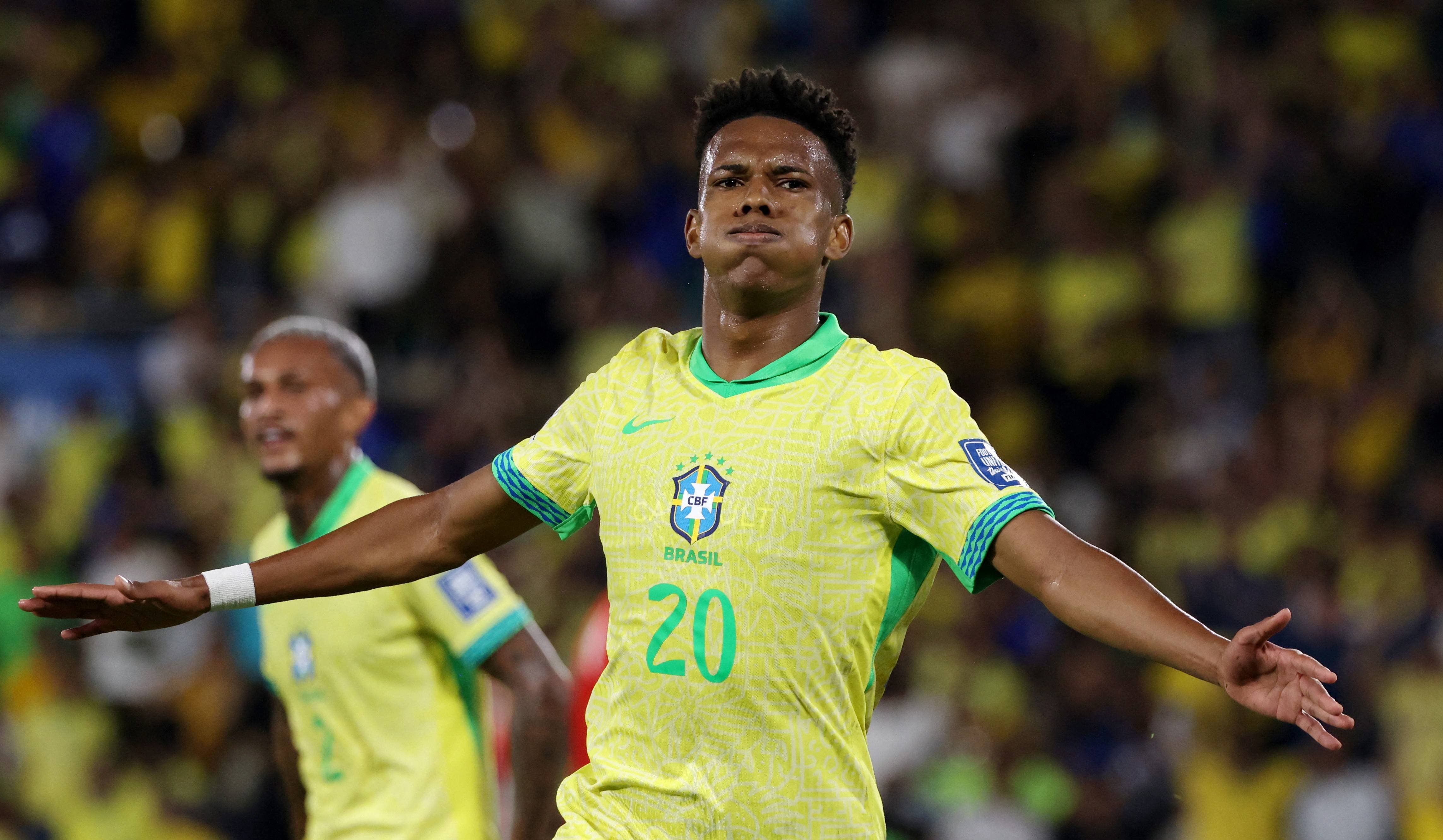 Futebol – Copa do Mundo – Eliminatórias da CONMEBOL – Brasil x Chile – Estádio Maracanã, Rio de Janeiro, Brasil – 4 de setembro de 2025. Estevão, do Brasil, comemora o primeiro gol da equipe. REUTERS/Sergio Moraes