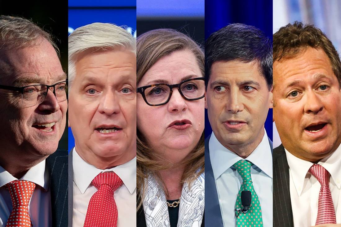 Kevin Hassett, Chris Waller, Michelle Bowman, Kevin Warsh and Rick Rieder (Montagem: Bloomberg)