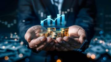 Investidor com moedas nas mãos e gráfico representando dividendos