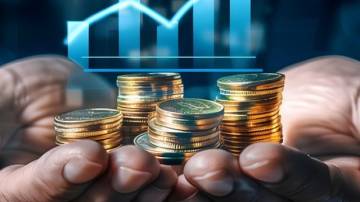 Investidor com moedas nas mãos e gráfico representando dividendos
