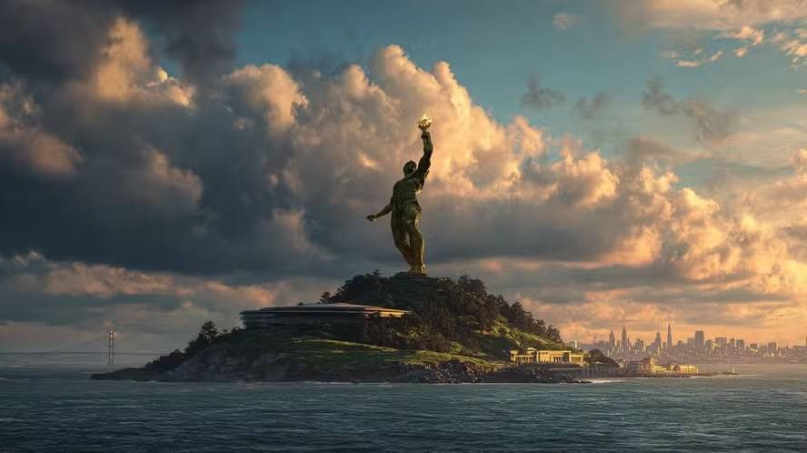 Projeto da estátua do deus grego Prometeu de 137 metros de altura que Ross Calvin quer erguer na Ilha de Alcatraz, para mudar a paisagem da Baía de São Francisco: guinada à direita no Vale do Silício — Foto: Bloomberg