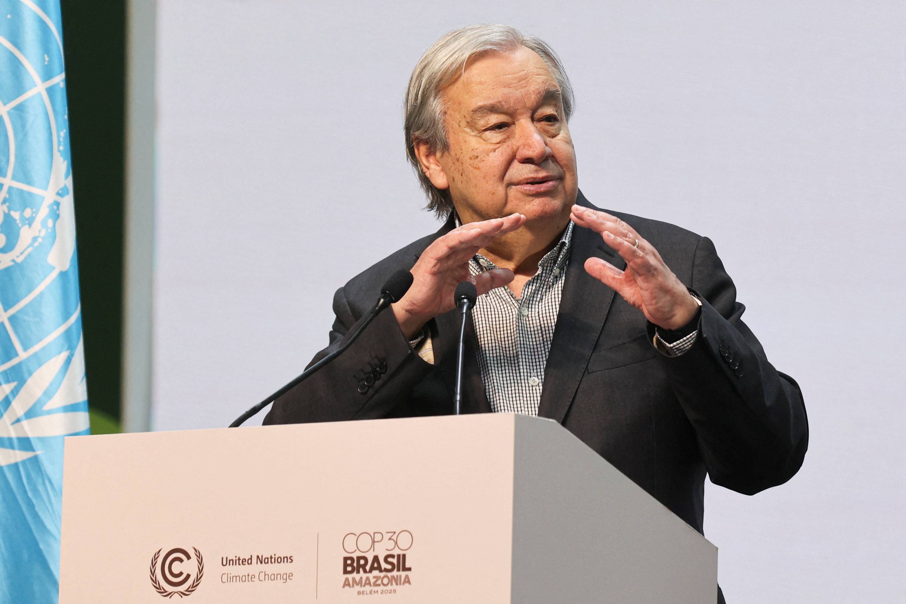 O Secretário-Geral das Nações Unidas, Antonio Guterres, participa de uma coletiva de imprensa durante a Conferência das Nações Unidas sobre Mudanças Climáticas (COP30), em Belém, Brasil, 20 de novembro de 2025. REUTERS/Anderson Coelho