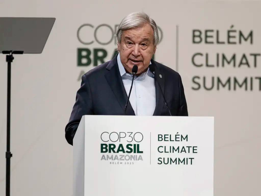 Belém (PA), 06/11/2025 - Secretário-Geral da ONU, António Guterres, discursa durante plenária geral dos líderes na cúpula do clima, COP30. Foto: Bruno Peres/Agência Brasil