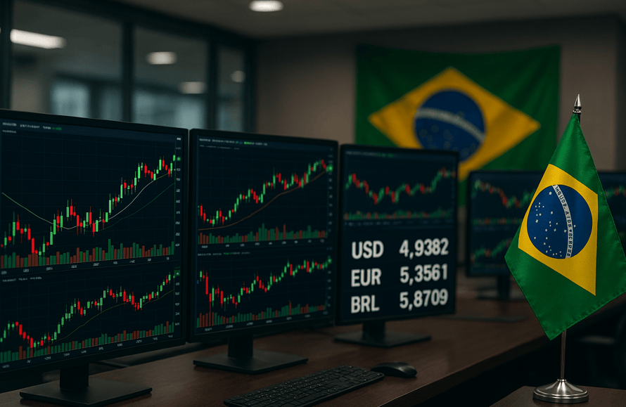 Gráfico de ações e câmbio com bandeira do Brasil (Imagem elaborado com auxílio da Inteligência Artificial)
