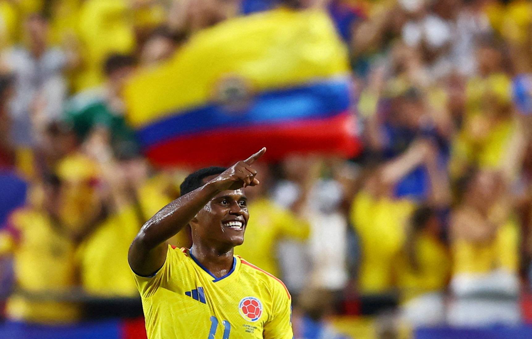 Futebol — Copa do Mundo da Fifa 2026 — 16 avos de final — Colômbia x Gana — Kansas City Stadium, Kansas City, Missouri, EUA — 3 de julho de 2026 — Jhon Arias, da Colômbia, comemora após marcar o primeiro gol da equipe — REUTERS/Bernadett Szabo

