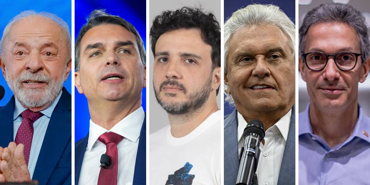 Da esquerda para a direita, os candidatos Luiz Inácio Lula da Silva (PT), Flávio Bolsonaro (PL), Renan Santos (Missão), Ronaldo Caiado (PSD) e Romeu Zema (Novo). Fotos: cardo Stuckert / PR | Divulgação / PL | Divulgação / Missão | Roberto Sungi | Divulgação / MG