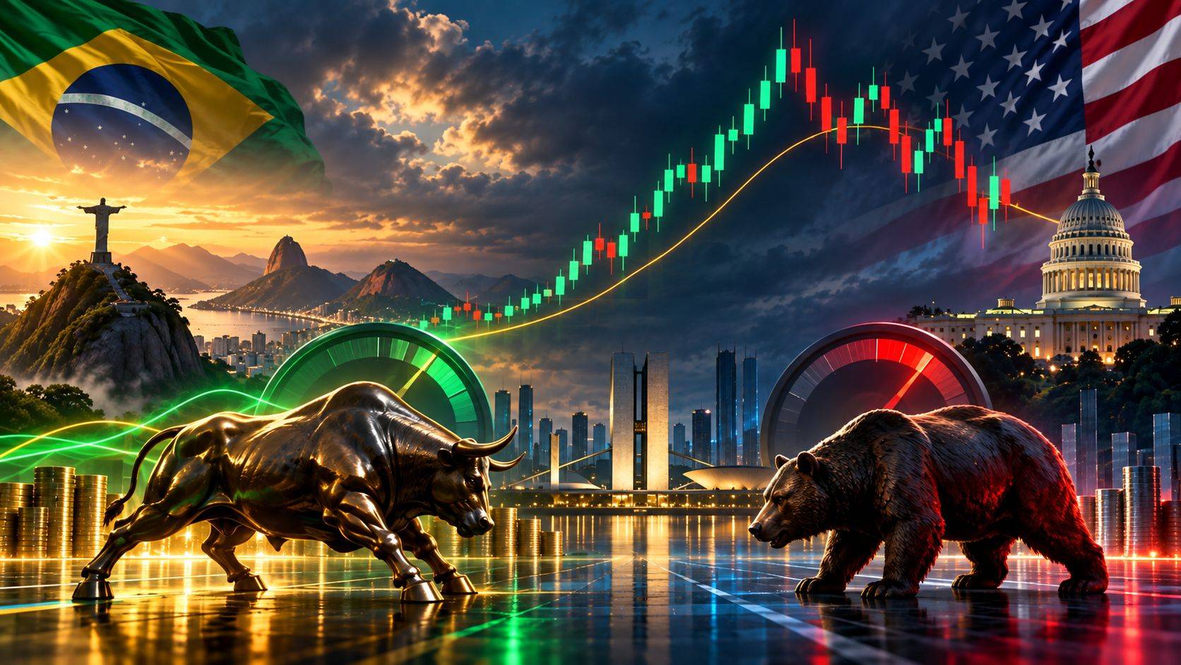 Ilustração conceitual mostra a Bolsa entre Brasil e Estados Unidos, com touro e urso, gráficos de mercado e referências à inflação e aos juros.