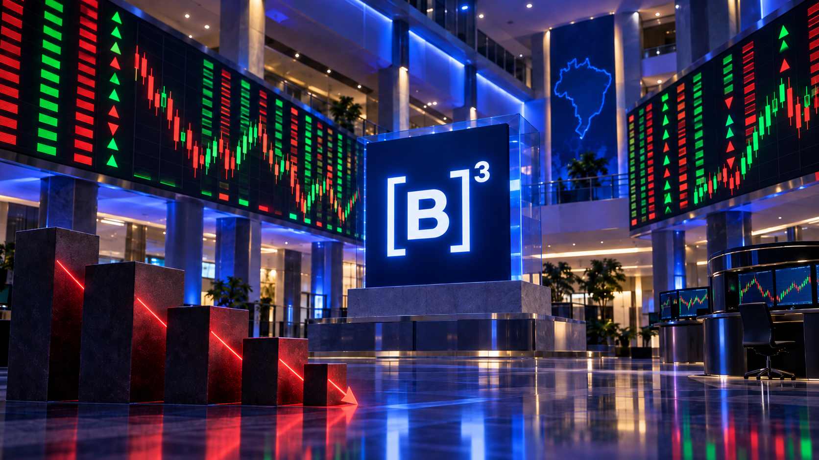 Painéis de mercado inspirados na B3 mostram oscilações de preços e queda, em referência à volatilidade e à gestão de risco no day trade.