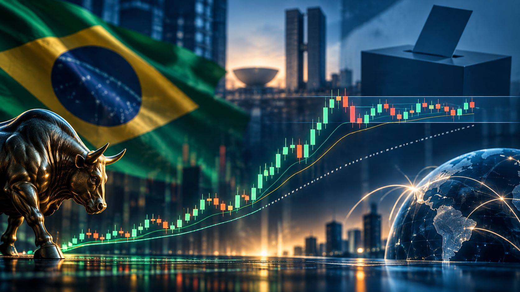 Ilustração da Bolsa brasileira com gráfico de alta e consolidação, bandeira do Brasil, urna eleitoral e fluxo global de capitais.