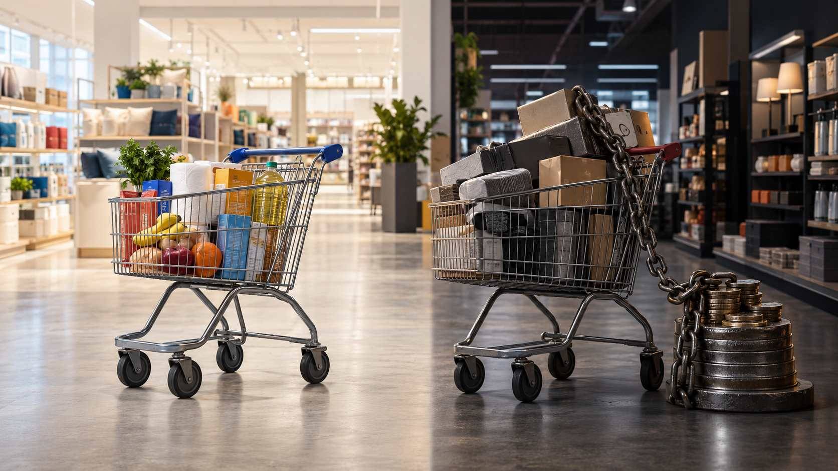 Carrinhos de compras representam empresas do varejo com diferentes níveis de pressão financeira e endividamento