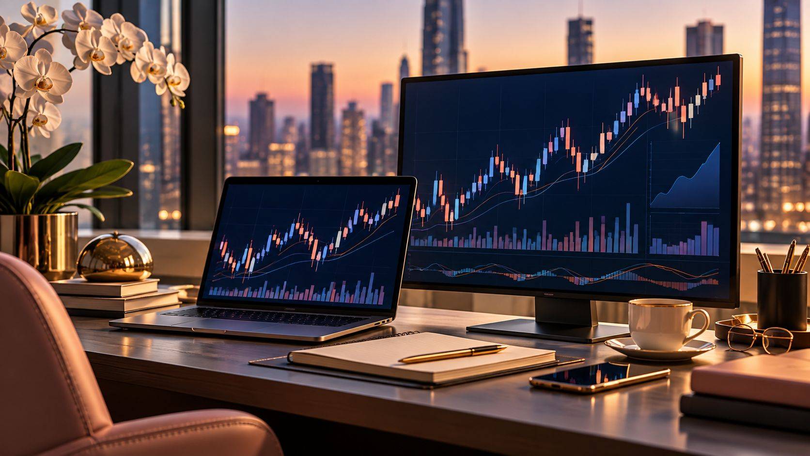Mesa de operações com notebook e monitor exibindo gráficos de mercado, em referência à presença feminina no trading