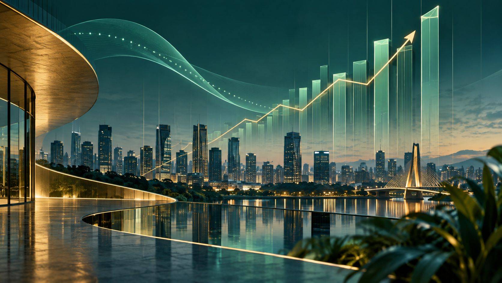Ilustração conceitual do mercado financeiro com gráfico de ações em alta sobre uma paisagem urbana, representando a valorização do Ibovespa e a expectativa de queda da Selic.