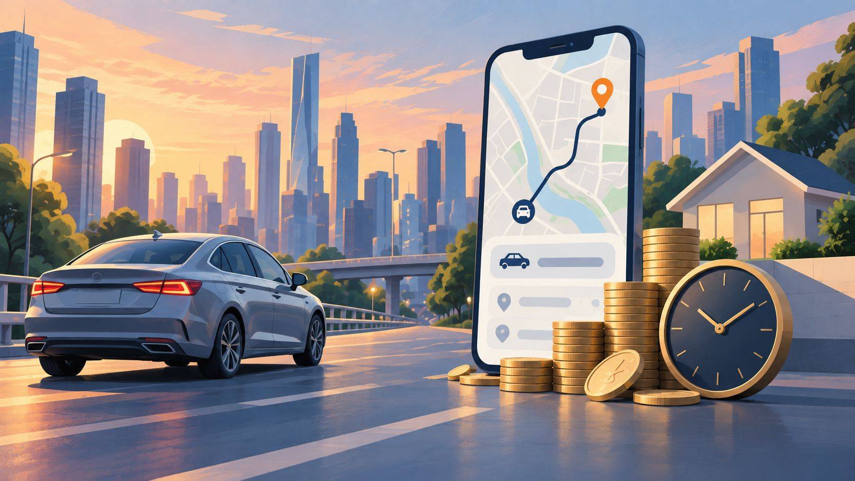 Ilustração de carro de aplicativo em área urbana, com celular exibindo rota, moedas, relógio e casa ao fundo